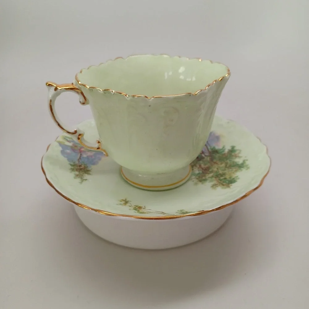 Aynsley Bone China Teacup and Saucer Set Woodland Landscape Green‎ Gold C493/2